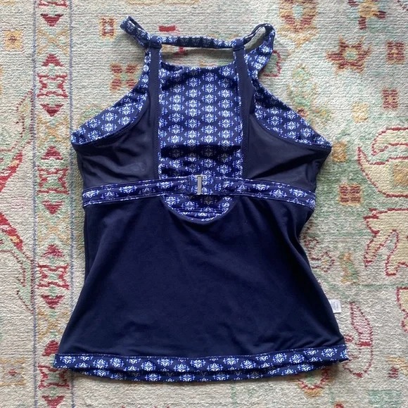 Athleta Tangier High Neck Tankini Top 34D /DD Blue Open Back Underwire - Picture 9 of 9